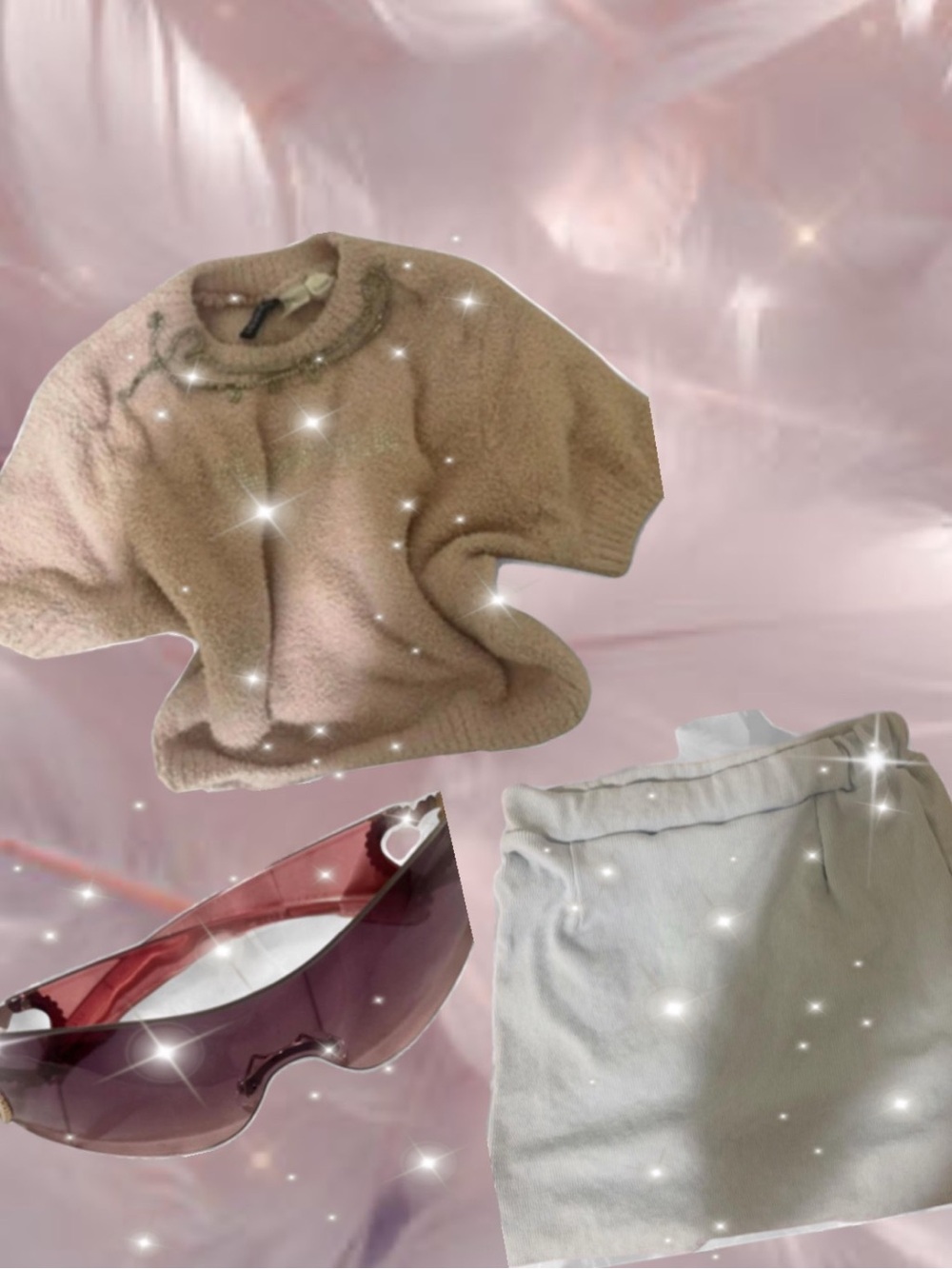 Y2K Coquette Micro Bundle Light Pink fitted baby tee+blue mini skirt+ sunglasses